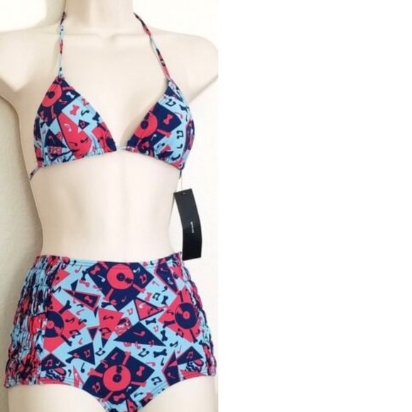 MARC JACOBS MUSICAL BONES 2PC HIGH WAIST BIKINI BATHING SUIT RED BLUE XS NWT! - Picture 1 of 12